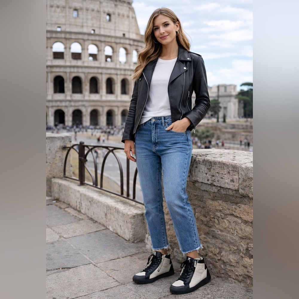 CHANEL Black & Cream High-Top Sneakers Size 38.5 Leather Suede Side Zip US 8 - Picture 5 of 8